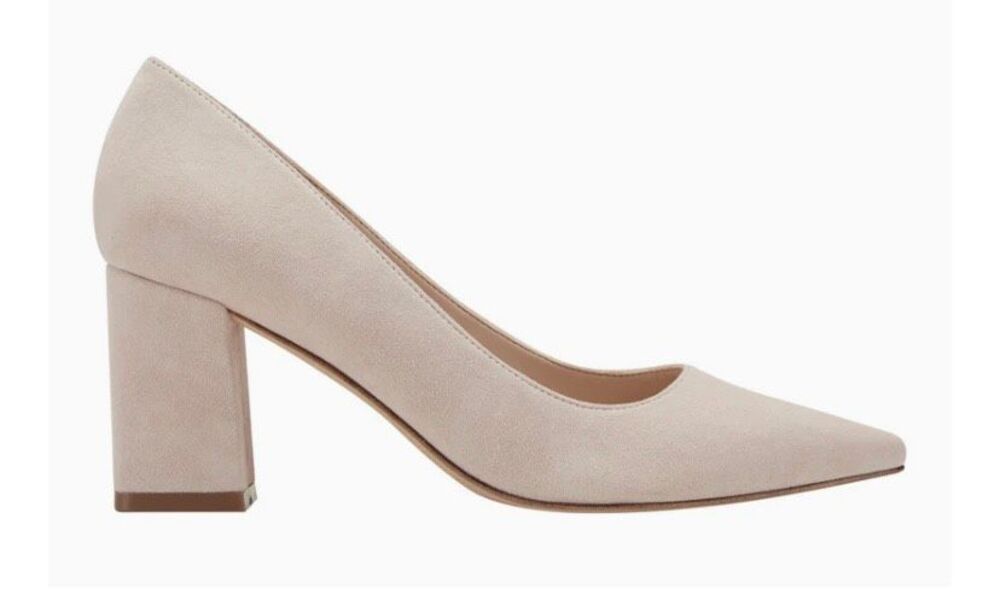 Marc fisher Zala tan block heel pointy toe suede pump, 7.5.